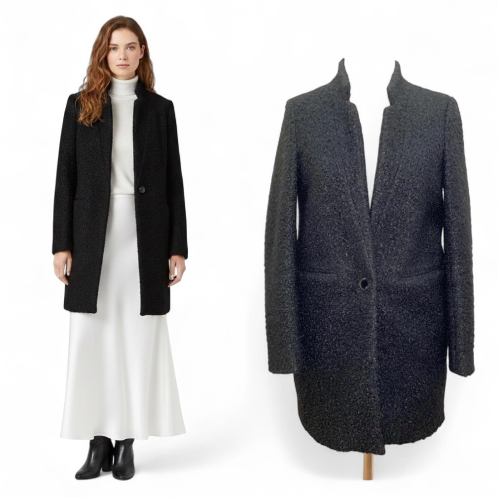 Gianni Feraud $299 Black Quiet Luxury Classic Textured Boucle Pea Coat 6 Small